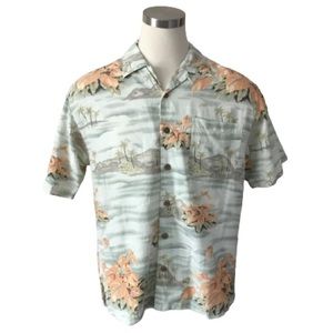 Vintage Tommy Bahama Hawaiian Palm Tree Leaf Short Sleeve  Peach Green Print